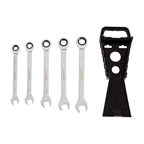 Amazon Basics Metric Ratcheting Wrench Set, 5-Piece, Chrome Vanadium Steel, 72-Tooth, 10mm, 11mm, 13mm, 14mm, 15mm, Black/Silver - color: Black/Silver, size: 5 Piece