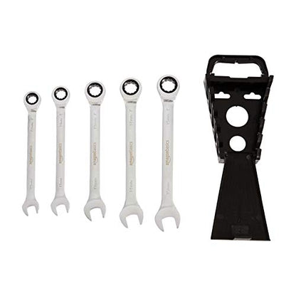 Amazon Basics Metric Ratcheting Wrench Set, 5-Piece, Chrome Vanadium Steel, 72-Tooth, 10mm, 11mm, 13mm, 14mm, 15mm, Black/Silver - color: Black/Silver, size: 5 Piece
