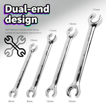 4PCS Carbon Steel Brake Line Wrench Set with 8mm/10mm/9mm/11mm/13mm/14mm/15 mm/17mm,Double-ended Offset Flare Nut Wrench Set for Detaching Nuts,Metric Flare Wrenches Sets for Car
