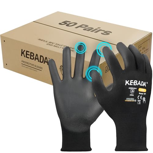 Kebada W1 Safety Work Gloves, PU Coated Touch Screen Work Gloves with Grip, Bulk Pack Working Gloves for Warehouse, Construction, Gardening and Mechanic Use, Black, 50 Pairs, Small - color: 50-pairs Black, size: Small