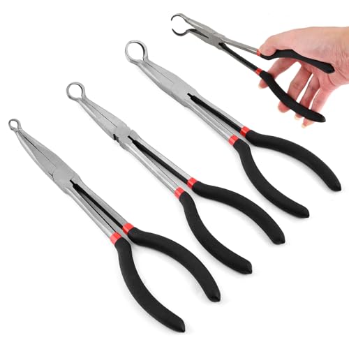 3Pcs 11" Hose Gripper Plier Set,Long Reach Hose Grip Pliers,5/16,1/2,3/4" Dia,Offset Spark Plug Boot Removal Pliers Serrated Jaws for Hard to Reach Narrow Spaces