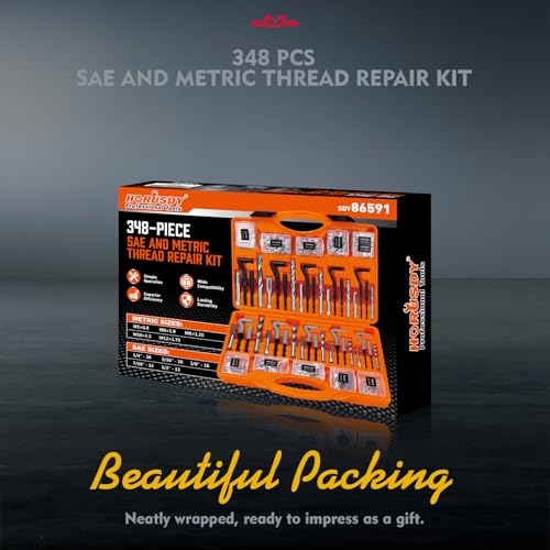 HORUSDY 348-Piece Thread Repair Kit, Metric & SAE Helicoil Set with HSS Drill Bits, Thread Inserts, Taps & Installation Tools, for Damaged Thread, Engine, Spark Plug & Automotive Repair