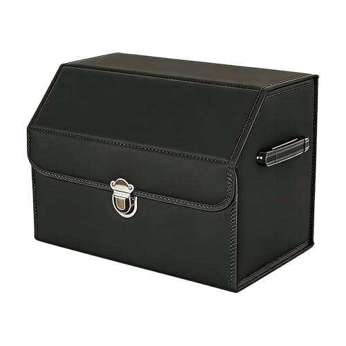 Leather Storage Box Car Trunk Organizer with Lid, Foldable PU Leather Cargo Storage Bin for SUV Sedan Truck, Portable Auto Organizer for Grocery Tool Storage, Black 14.9" L*12.2" W*11.8" H - size: Black 14.9"L*12.2"W*11.8" H