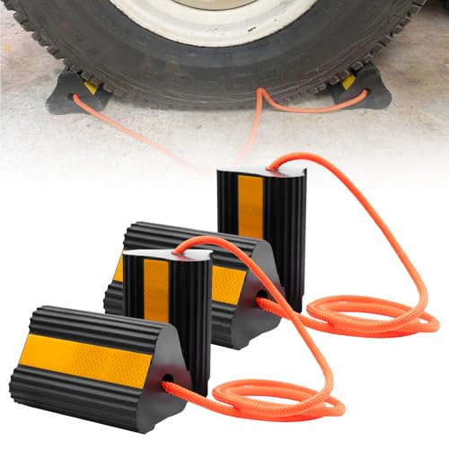 4 Pack Rubber Wheel Chocks for RV Trailer with Rope & Reflective Strips, Heavy Duty Non-Slip Tire Stopper for Camper, Truck, Car, Travel Trailer