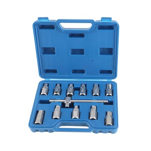 12 Pcs Drain Plug Key Socket Set, Steel Axle Oil Sump Spanner Wrench with T-Bar and Multiple Hex Sizes for Engine, Gear Box & Back Axle Oil Drain Plug Removal