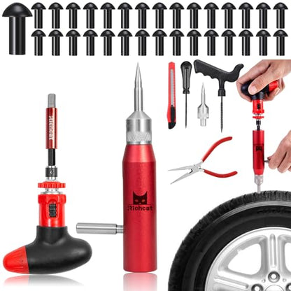 Richcat Tubeless Tire Puncture Repair Kit with Mushroom Plug, Repairs punctures and Flat Tires for Motorcycles, Cars, Trucks, ATVs and Tractors - size: 30pcs Mini Plug Kit