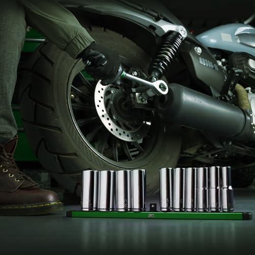 SK 1/2" Drive Socket Set, Deep SAE Sockets, 11-Piece 7/16" to 1-1/16" | SuperKrome Finish, Premium CR-V Steel, with Aluminum Socket Organizer - size: Deep, style: SAE