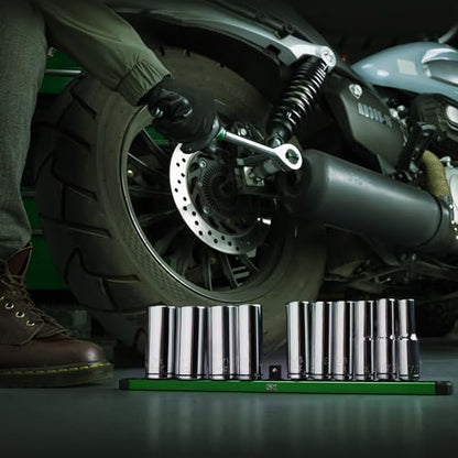 SK 1/2" Drive Socket Set, Deep SAE Sockets, 11-Piece 7/16" to 1-1/16" | SuperKrome Finish, Premium CR-V Steel, with Aluminum Socket Organizer - size: Deep, style: SAE