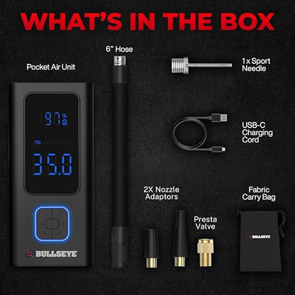 POCKET AIR Tire Inflator Portable Air Compressor by BULLSEYE for Tires, Balls, Bike with Persta Valve, Auto Shut Off, Inflates in 2 Min, Cordless Rechargeable 4000MAH,100 PSI, SoS Light - style: Original