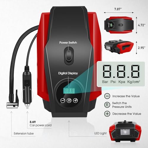 DNA MOTORING Tire Inflator Portable Air Compressor, 12V DC Air Pump for Car Tires, Bike, Motorcycle, Ball, Electric Bike Tire Pump with Pressure Gauge, LED Light, Auto Shut Off, Red, TOOLS-00679-RD - style: Standard red