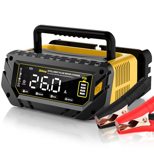 Car Battery Charger 26A, 6V/12V/24V, Battery Maintainer Trickle Charger | Lead-Acid, LiFePo4, Lithium Smart Battery Charger, Large Screen Fully Automatic Chargers for Car, Motorcycle, Lawn Mower