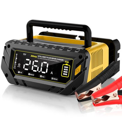 Car Battery Charger 26A, 6V/12V/24V, Battery Maintainer Trickle Charger | Lead-Acid, LiFePo4, Lithium Smart Battery Charger, Large Screen Fully Automatic Chargers for Car, Motorcycle, Lawn Mower