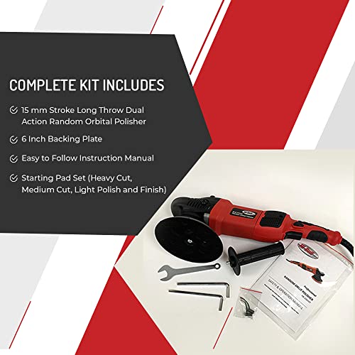 HI-BUFF 15mm Dual Action Random Orbital Polisher with Variable Speed – Long Throw DA Polisher Kit with Pads – 6" Backing Plate, 600W, Auto Detailing Tool