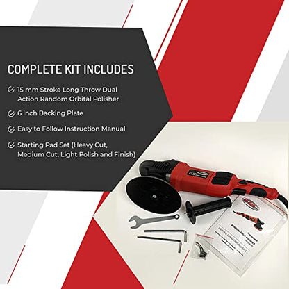HI-BUFF 15mm Dual Action Random Orbital Polisher with Variable Speed – Long Throw DA Polisher Kit with Pads – 6" Backing Plate, 600W, Auto Detailing Tool