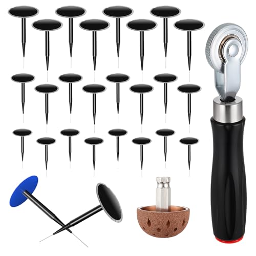 26Pcs Tire Repair Patch Tool Kit,Including 24pcs Tire Patch Plugs(35/40/50 mm), Tungsten Buffing Wheel, Tire Patch Roller with 4mm Twist Drill Bits,Tire Patch Kit for Vehicles
