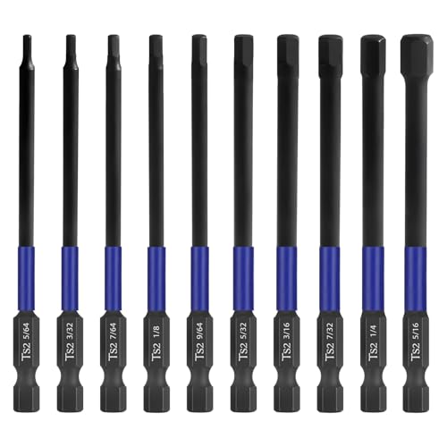 HPHOPE Impact Hex Head Allen Wrench Drill Bit Set 10 Pcs - 4"(SAE) | Premium S2 Steel, CNC Machined Tips wit Magnetism, Storage Box, 1/4" Hex-Shank for Automotive and Home Repairs - size: 100 mm, 10 Pcs, SAE