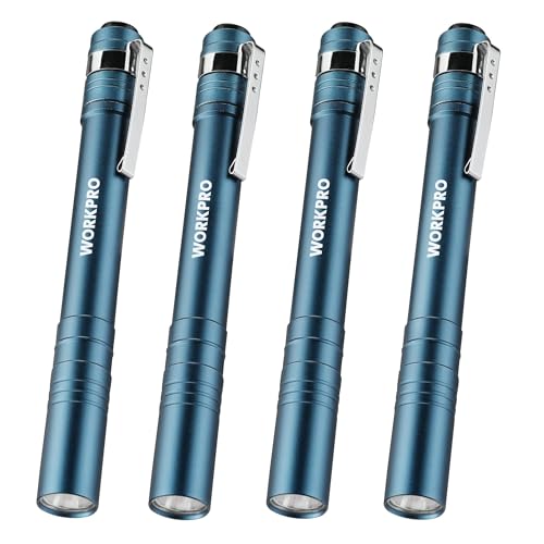 WORKPRO LED Pen Light, Aluminum Pen Flashlights, Pocket Flashlight with Clip for Inspection, Emergency, Everyday, 2AAA Batteries Included, Blue (4-Pack) - color: Blue