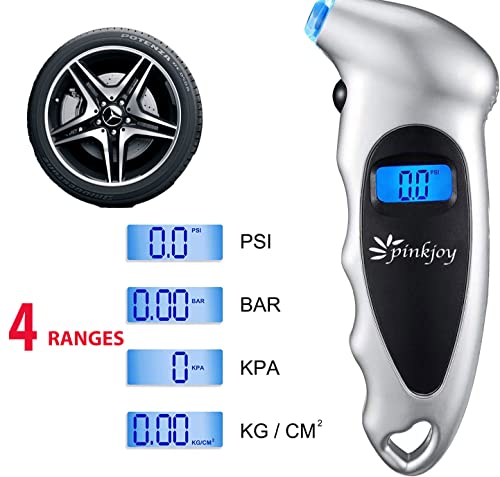 PINKJOY Digital Tire Pressure Gauge 2 Pack 150 PSI, 4 Settings, Tire Gauge for Car, Truck, Motorcycle, Bicycle with Backlit LCD and Non-Slip Grip (Silver) - color: Silver 2 Pack