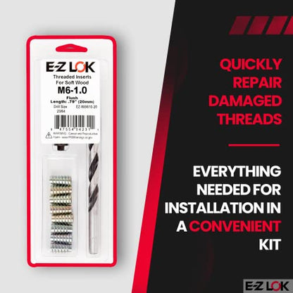 E-Z Hex Thread Repair Kit for Soft Wood Flush Threaded Inserts M6-1.0 x 20mm, Drill, Installation Tool - size: M6-1.0 x 20mm, style: Flush