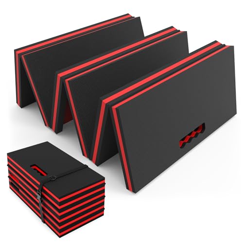 Thick Mechanic Mat, Foldable EVA Mat with Magnetic Tool Compartments, Waterproof Mechanic Kneeling Pad with Handle for Garage Workshop Repairing Gardening, 46.5" x 15.8" x 1.1 ", Black & Red - color: Black & Red, size: 15.8"W