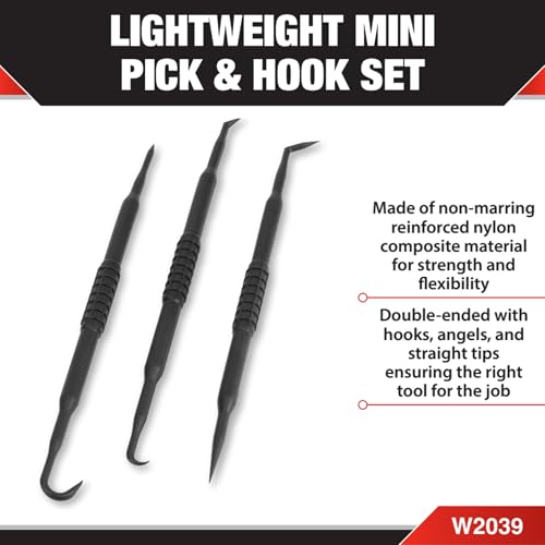 Performance Tool W2039 Mini Pick & Hook Set, 3-Piece with Hooks, Angles, and Straight Tips for O-Ring, Seal/Gasket Removal and Wiring Work