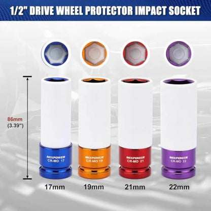 1/2" Drive Wheel Protector Impact Socket, 4 pcs Thin Wall Deep Impact Socket Set, Durable Plastic Sleeve Lug Nut Socket, 6 Point, Metric, 17mm,19mm,21mm,22mm - size: 17 mm, 19 mm, 21 mm, 22 mm