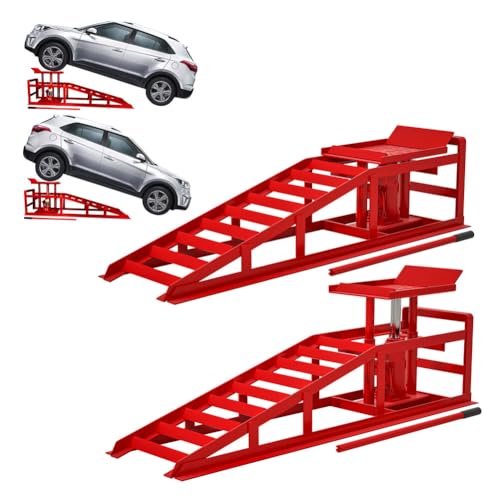 2 Pack Hydraulic Car Ramps, 5 Ton (11000 lbs) Low Profile Steel Service Ramps with Safety Valve, 3-Level Adjustable Height, Red, Heavy Duty Vehicle Lift for Garage, Truck, and Auto Repair,Red - color: Red