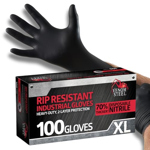 Venom Steel Industrial Nitrile Gloves, Chemical Resistant Disposable Black Gloves, Latex-Free, Powder-Free, Textured Grip, Heavy Duty Two-Layer Protection, 6 mil, XL, 100 Count - size: X-Large (Pack of 100)