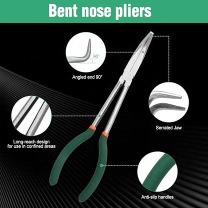 SPEEDWOX Long Reach Bent Nose Pliers 10 Inches 90 Degree Intermeshed Teeth Precision Fine Pliers for Hard to Reach Narrow Spaces High Leverage Reduce Efforts Non-slip Handle - style: 90°Bent Nose Pliers
