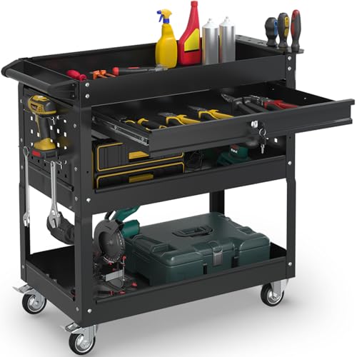 3-Tier Rolling Utility Cart, Metal Tool Cart on Wheels with Lockable-Black | 330 lb. Load Capability Heavy Duty Tool Cart with Drawers, Mechanic Tool Cart for Garage, Warehouse, Repair Shop - color: Black