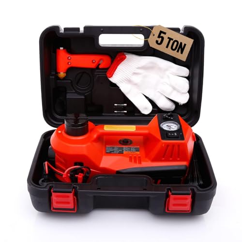 Trihelper Electric Car Jack 5 Ton 12V Floor Jack Hydraulic Jack Stand Car Lift Jack with Integrated Tire Pump for SUV Truck Sedan Vehicle Roadside Emergency Tire Change | Lift Range 5.9-17.7in, Fits Sedan SUV MPV Truck, 150 PSI Gauge, Blue Red Flashing Li
