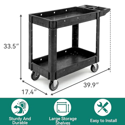YITAHOME Black Utility Cart on Wheels, 550 lbs Capacity, 40 x 17 Inch | Rolling Work Carts with Wheels, 2 Shelf Heavy Duty Plastic Service Cart Suitable for Warehouse, Garage, School & Office