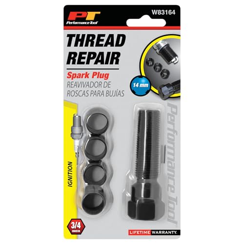 Performance Tool W83164 14 mm Spark Plug Thread Repair Tool Kit | Automotive spark plug hole rethreader. Includes 3/8, 7/16, 1/2, and 3/4 inch inserts. Heat treated alloy steel tap - style: 14mm Spark Plug Rethread Kit