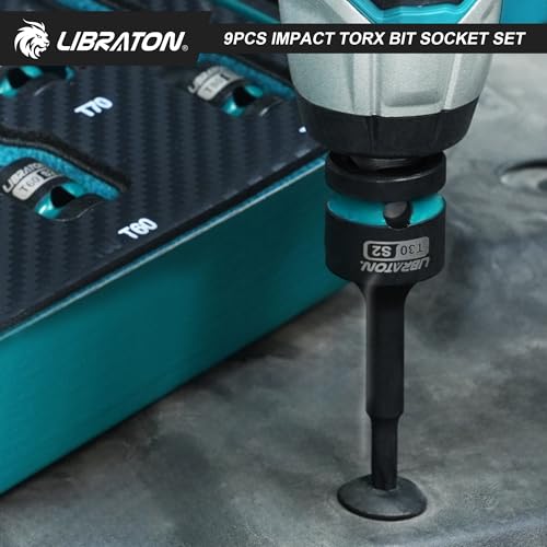 LIBRATON Impact Torx Bit Socket Set, 1/2" Drive, S2 Steel, 9PCS Impact Star Bit Socket Set (T30-T80), High Impact Torx Sockets, XPE Storage, Professional Mechanic and Automotive Repair - style: 9PCS Torx