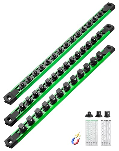 ALOANES Magnetic Socket Organizer Set, 3-Piece Heavy Duty Aluminum Socket Rails, 360° Swivel Clips Socket Rail Kit for Tool Tray Drawer Fit 1/2, 3/8, 1/4-Inch x 40 Clips (Green, 3PC) - color: Green, size: 3PC, 1/2, 3/8, 1/4-Inch Drive