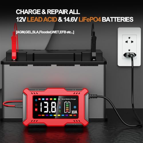 Car Battery Charger 10A with Large LCD Display for 12V Lead Acid & 14.6V LiFePO₄, Automatic Battery Maintainer, Trickle Charger, Desulfator, AGM/Gel/SLA Charger for Cars Trucks Motorcycles Boats