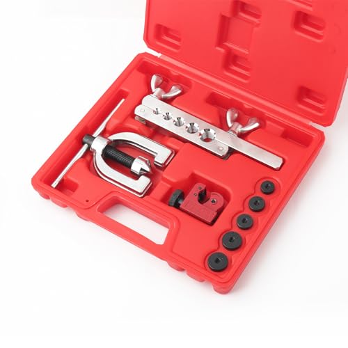 Turcee Double and Single Brake Line Flaring Tool Kit,Steel Brake Flaring Tool Kit Include 5 Adapters,Tube Cutter,Flaring Cone,Flare Rod,Professional Brake Flare Tool Kit for Brake Lines