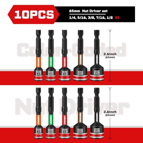 Geinxurn Impact Nut Driver Set, 10 Pieces 2.56”Long 1/4”5/16”3/8”7/16” 1/2”6 Point Alloy Steel Magnetic SAE Nut Setter Set Use For Require Installing 1/4 Hex Shank Impact Driver with Case Box - size: 2.56", style: MIXS-10pcs