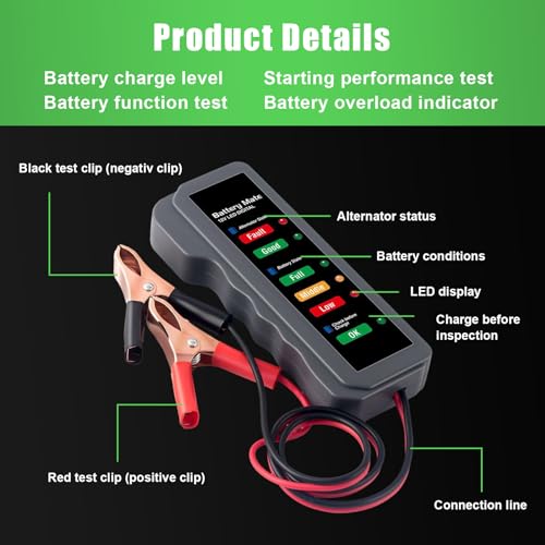 12V Car Battery Tester, Automotive Digital Battery Alternator Tester with LED Indication, Detector Checker to Test Battery Condition & Alternator Charging, Car Accessories