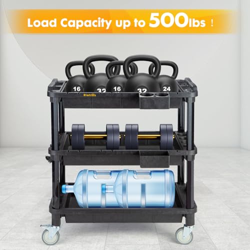 ELAFROS 3-Shelf Rolling Utility Cart with Power Strip, 32.4 x 18.3 in | Multi-Use Rolling Cart, Deep Shelves, Industrial-Grade Plastic Cart, Service Tool Cart, Work Cart, AV Equipment Storage - style: With Power Strip
