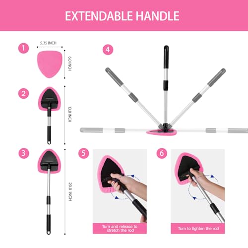 Qydipclin 10pcs Windshield Cleaning Tool Inside Car Window Cleaner Wash Kit with 4 Reusable Microfiber Pads 1 Spray Bottle and Extendable Handle Interior Auto Glass Wiper Kit, Pink - color: Pink