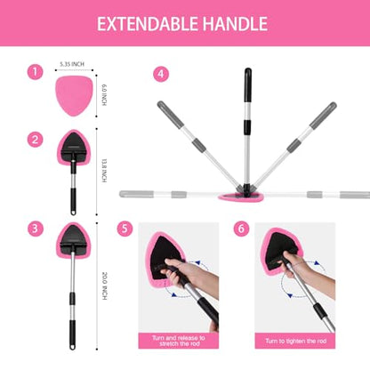 Qydipclin 7pcs Windshield Cleaner Tool Car Window Cleaning Wash Kit with 4 Reusable Microfiber Pads 1 Spray Bottle and Extendable Handle Auto Glass Wiper Kit, Pink - color: Pink