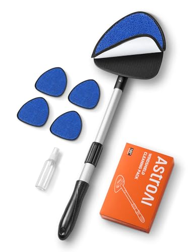 AstroAI Windshield Cleaner Tool, Car Window Cleaner with 4 Upgraded Microfiber Pads, 1 Spray Bottle, 180° Rotatable and Extendable Handle, Effortless Installation - style: with 4 Velcro Pads