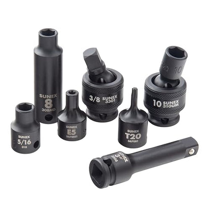 SUNEX Tools 80 Piece 3/8 in. Drive Master Impact Socket Set, Universal, Star, External Star, Extensions, Universal Joint, SAE and Metric, 8mm to 19mm and 5/16 in. to 3/4 in., CR-MO Steel, Model 3580 - size: 80-piece