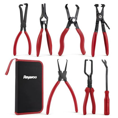 Reywoo Fuel Line Pliers Set, 7 pc Disconnect Set | W Fuel Line/Hose Clamp/Removal Pliers, Electrical Disconnect/ 30° Push Pin Tools, Trim Panel Clip Remover & 9" Filter Caliper