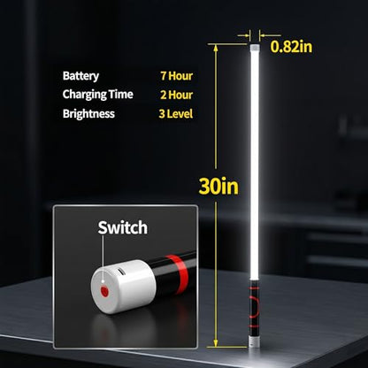 30" Flexible LED Work Light, Rechargeable Bendable Mechanic Light | Rubber Body, 800Lm, 6000K White, 3 Modes, 7H Battery, Hands-Free, Indoor Outdoor, Car Repair, Camping, USB Rechargeable