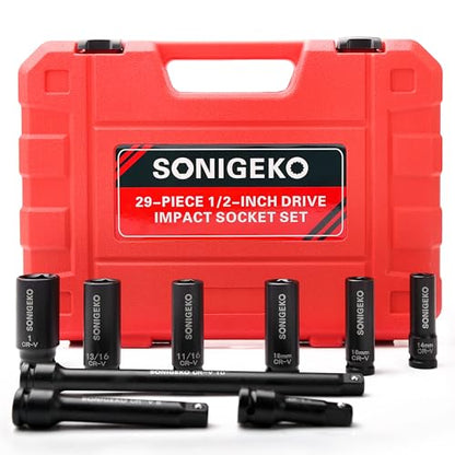 29-Piece 1/2" Drive Impact Socket Set, 6-Point Deep Standard SAE & Metric (3/8"-1", 10mm-24mm),CR-V Steel Sockets with 3", 5", 10" Extension Bars and Storage Case - size: 29 PCS, 1/2" Socket Set, Metric & SAE