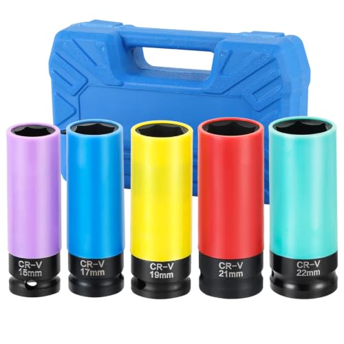 DASBET 5PCS Impact Lug Nut Socket Set 1/2 Inch Drive 15 17 19 21 22mm | Wheel Protector Impact Socket Set 6 Point Non-Marring Thin Wall Wheel Protector Nut Socket, Color-Coded Metric