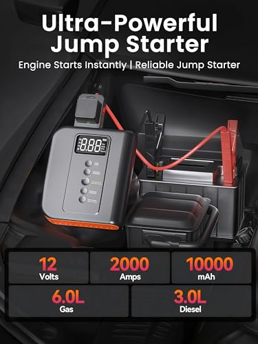 10000 amp Jump Starter with Air Compressor for Car, Battery Portable Power Pack 150PSI Tire Inflotor, USB Charge, LED Light, for All Gas and Up to 8L Diesel Engines Jumper Box