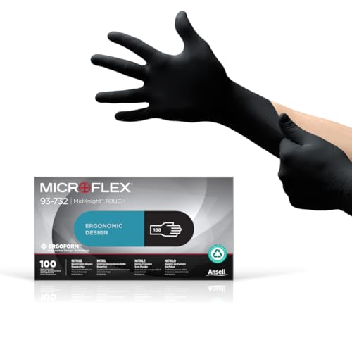 Ansell Microflex 93-732 Nitrile Disposable, Latex & Powder Free, Food Approved, Multi-Purpose, Medical & Industrial Protection, Latex Free, Single Use, Black, Size XS (100 Gloves) - size: X-Small, style: Thin